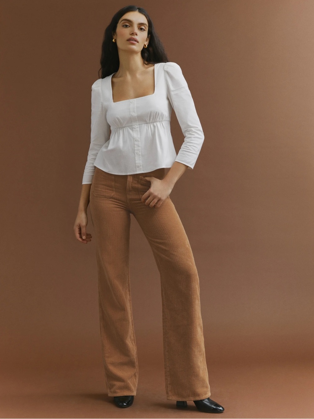 NWOT Reformation Alyssa High Rise Wide Leg Corduroy Pants Camel Brown Cafe 27